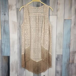 Eyeshadow Crocheted Vest Cardigan With Fringe Sleeveless Cream Color XL